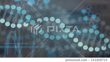 Displaying stylized DNA helix glowing in research lab visualization, with ECG trace and hexagons Displaying stylized DNA helix glowing in research lab visualization, with ECG trace and hexagons 141809724