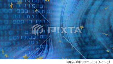 Flowing blue digital scene showing binary digits matrix and golden stars in abstract environment Flowing blue digital scene showing binary digits matrix and golden stars in abstract environment 141809771