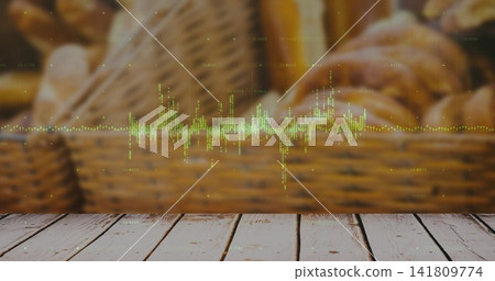 Displaying digital green waveform overlaying worn tabletop at bakery, with wicker baskets behind Displaying digital green waveform overlaying worn tabletop at bakery, with wicker baskets behind 141809774