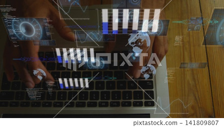 Typing adult hands pressing laptop keys on wooden desk, with floating AR charts and code Typing adult hands pressing laptop keys on wooden desk, with floating AR charts and code 141809807