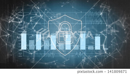 Showing central shield and padlock overlaying data dashboard, featuring chart, graphs, network mesh Showing central shield and padlock overlaying data dashboard, featuring chart, graphs, network mesh 141809871
