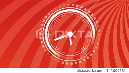Displaying white analog clock dominating red poster, showing rings, square markers, white hands Displaying white analog clock dominating red poster, showing rings, square markers, white hands 141809881
