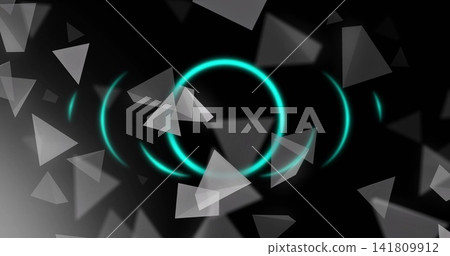 Glowing three neon teal rings radiating in dark digital field, with faint gray shards casting Glowing three neon teal rings radiating in dark digital field, with faint gray shards casting 141809912