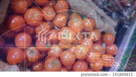 Displaying ripe red tomatoes with green stems in crate at market stall, with digital HUD overlay Displaying ripe red tomatoes with green stems in crate at market stall, with digital HUD overlay 141809913