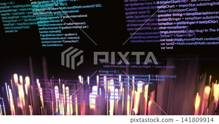 Streaming code text and glowing light columns filling center of dark cyber interface, with bokeh Streaming code text and glowing light columns filling center of dark cyber interface, with bokeh 141809914