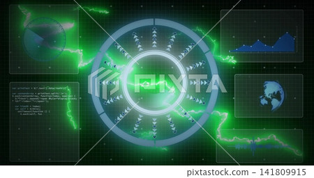 Rotating HUD ring pulsing on dark grid, showing neon arcs, chart, globe, waveform, minimap, code Rotating HUD ring pulsing on dark grid, showing neon arcs, chart, globe, waveform, minimap, code 141809915