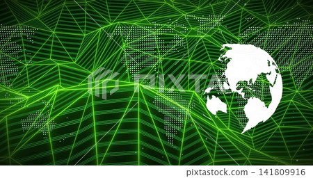Floating white globe hovering in digital terrain, neon green mesh and white dots, copy space Floating white globe hovering in digital terrain, neon green mesh and white dots, copy space 141809916