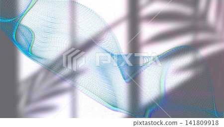 Flowing sinuous translucent mesh ribbon curving across light-colored wall with palm-frond shadow Flowing sinuous translucent mesh ribbon curving across light-colored wall with palm-frond shadow 141809918