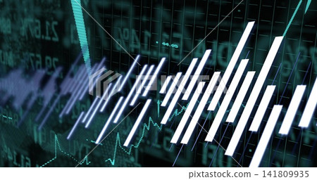 Showing luminous bars climbing upward on teal grid, with dotted line, ticker, purple streaks Showing luminous bars climbing upward on teal grid, with dotted line, ticker, purple streaks 141809935