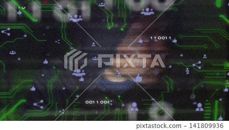 Blurred adult face appearing in virtual network interface, with green circuit traces and icons 141809936