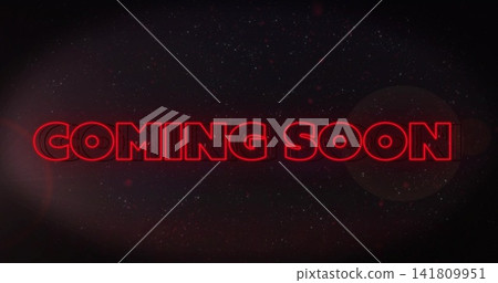 Displaying bold red neon COMING SOON text across digital poster, with starfield and lens flares Displaying bold red neon COMING SOON text across digital poster, with starfield and lens flares 141809951