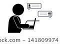 A pictogram of a person interacting with AI on a laptop. 141809974