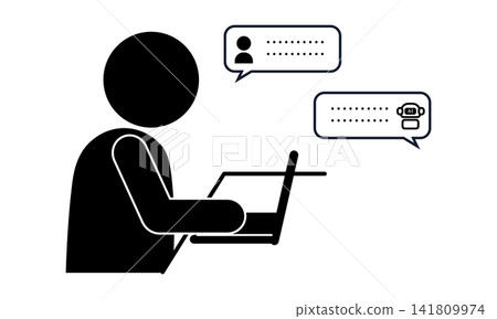 A pictogram of a person interacting with AI on a laptop. 141809974