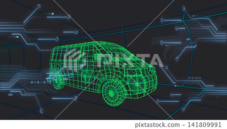 Gliding green wireframe mid-size van moving through virtual tunnel, with wheels and cyan circuits Gliding green wireframe mid-size van moving through virtual tunnel, with wheels and cyan circuits 141809991