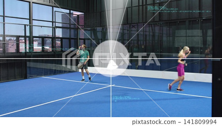 Holding paddle, man in green sipping bottle, woman in pink adjusting hair at blue court, HUD 141809994