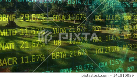 Showing grassy lawn and tree trunks in public park, with neon ticker overlaying scene Showing grassy lawn and tree trunks in public park, with neon ticker overlaying scene 141810089