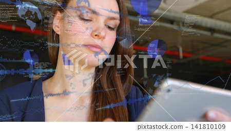 Analyzing woman in navy blazer interacting with tablet at open office with AR overlays red pipe Analyzing woman in navy blazer interacting with tablet at open office with AR overlays red pipe 141810109