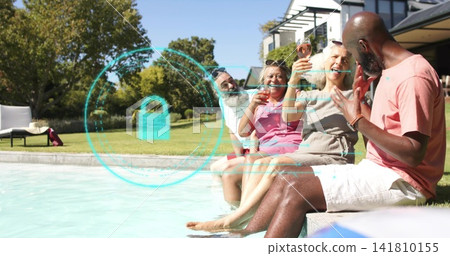 Friends laughing, clinking wine glasses at backyard pool, turquoise padlock overlay, copy space Friends laughing, clinking wine glasses at backyard pool, turquoise padlock overlay, copy space 141810155