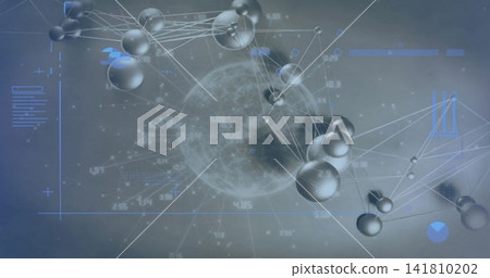 Rendering metallic nodes and translucent globe in virtual HUD, with thin links and numeric labels 141810202