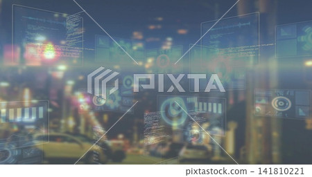 Floating translucent UI panels hovering over city street at night, showing code, gauges, parked car 141810221