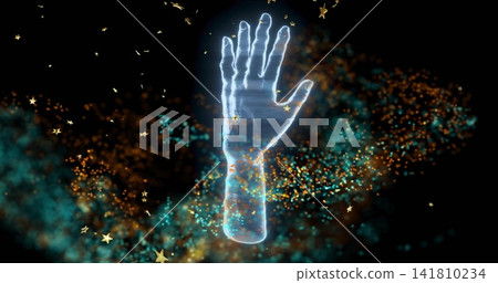 Floating translucent holo forearm, hand showing cyan core, scanlines in dark void, star confetti Floating translucent holo forearm, hand showing cyan core, scanlines in dark void, star confetti 141810234