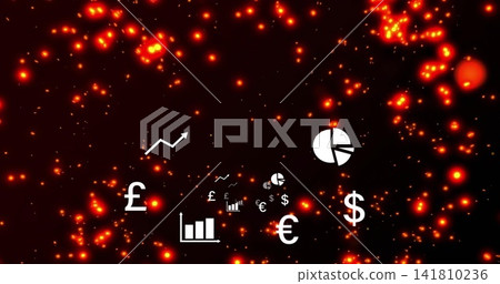 Glowing white finance icons pulsing lower-center maroon field with £ € $ pie bars arrow 141810236
