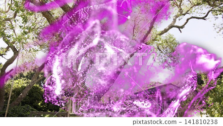 Swirling magenta purple cloud obscuring backyard porch railing and tree trunks, sky visible Swirling magenta purple cloud obscuring backyard porch railing and tree trunks, sky visible 141810238