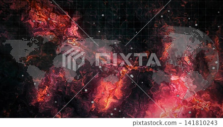 Displaying stylized dotted world map over marbled background, with faint grid and bokeh particles 141810243