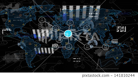 Showing central cyan user node glowing and connecting to outer white nodes on digital global map Showing central cyan user node glowing and connecting to outer white nodes on digital global map 141810244