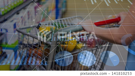 Woman in short-sleeve top pushing cart down store aisle with pineapple citrus red rect data overlay Woman in short-sleeve top pushing cart down store aisle with pineapple citrus red rect data overlay 141810253