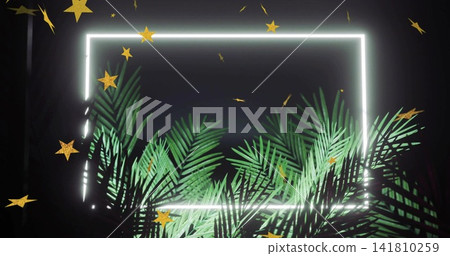 Glowing white neon frame bathing palm fronds in studio set, with gold star confetti Glowing white neon frame bathing palm fronds in studio set, with gold star confetti 141810259