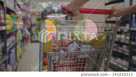 Pushing red-handle cart down store aisle, short sleeve arm holding bananas data overlay 45%71%68% Pushing red-handle cart down store aisle, short sleeve arm holding bananas data overlay 45%71%68% 141810313