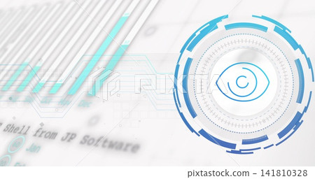 Displaying concentric biometric interface on right, showing eye icon, cyan traces, copy space Displaying concentric biometric interface on right, showing eye icon, cyan traces, copy space 141810328