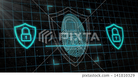 Scanning cyan fingerprint glowing on dark grid plane, showing dotted shield, scanning bar, padlocks Scanning cyan fingerprint glowing on dark grid plane, showing dotted shield, scanning bar, padlocks 141810329