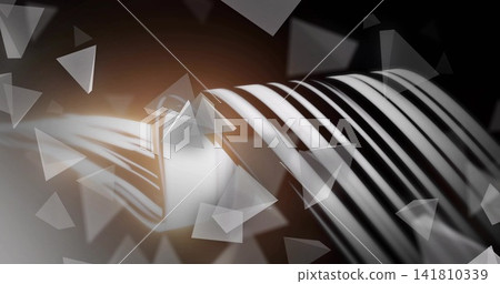 Curving ribbed structure bending across studio render, with triangular shards and orange rim light 141810339