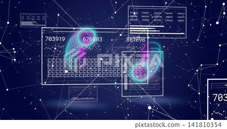 Showing centered clear keyboard pulsing with HUDs numeric grids teal magenta vortices in virtual UI 141810354