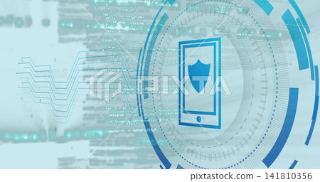 Displaying phone with shield emblem inside HUD rings in digital studio, showing code streams, nodes Displaying phone with shield emblem inside HUD rings in digital studio, showing code streams, nodes 141810356