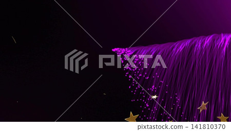 Streaming purple fiber strands with magenta glow falling on dark gradient, gold stars, copy space 141810370
