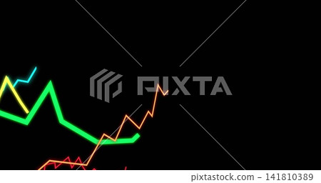 Showing neon zigzag graphs in green, orange, yellow, cyan on black screen, lacking axes, copy space Showing neon zigzag graphs in green, orange, yellow, cyan on black screen, lacking axes, copy space 141810389