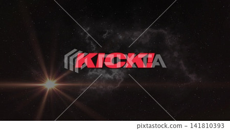 Displaying bold red KICK! text floating at center in space, featuring sun flare, nebula, starfield Displaying bold red KICK! text floating at center in space, featuring sun flare, nebula, starfield 141810393
