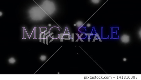 Glowing MEGA SALE text dominating dark promotional banner, with purple-blue neon glow and bokeh Glowing MEGA SALE text dominating dark promotional banner, with purple-blue neon glow and bokeh 141810395
