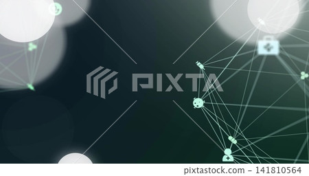 Showing clustered network graph on right side, displaying mint-green nodes with icons, copy space Showing clustered network graph on right side, displaying mint-green nodes with icons, copy space 141810564