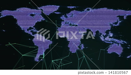 Displaying purple dotted world map on dark GUI, showing teal nodes, lines, wireframes, scanlines Displaying purple dotted world map on dark GUI, showing teal nodes, lines, wireframes, scanlines 141810567