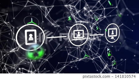 Linking horizontal chain of tablet, laptop, desktop user icons across navy network with CO2 glyphs Linking horizontal chain of tablet, laptop, desktop user icons across navy network with CO2 glyphs 141810574