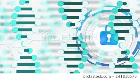 Displaying central genomic HUD merging with vertical DNA strands in digital interface, blue padlock Displaying central genomic HUD merging with vertical DNA strands in digital interface, blue padlock 141810576
