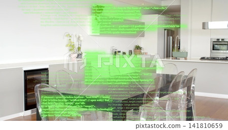 Showing glass table with six clear acrylic chairs casting neon AR code overlay in modern kitchen 141810659
