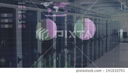 Displaying central server racks with analytics in data center aisle, showing pie charts and LEDs Displaying central server racks with analytics in data center aisle, showing pie charts and LEDs 141810701