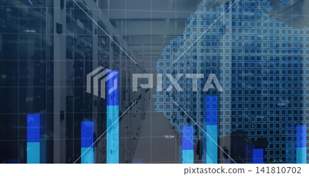 Extending server rack aisle receding into distance at data center, with translucent bars overlay Extending server rack aisle receding into distance at data center, with translucent bars overlay 141810702