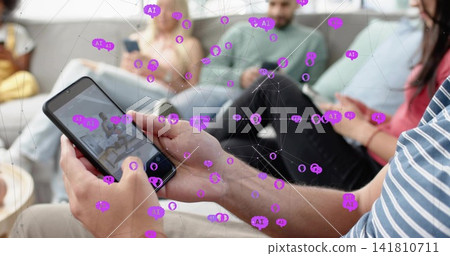 Tapping foreground male's phone in lounge, in blue-striped shirt, showing purple AI overlay, tray Tapping foreground male's phone in lounge, in blue-striped shirt, showing purple AI overlay, tray 141810711