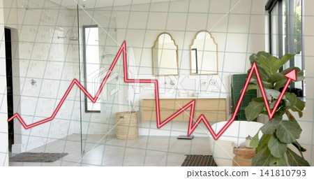 Displaying red zigzag line chart overlaying bathroom with freestanding tub, glass shower, vanity Displaying red zigzag line chart overlaying bathroom with freestanding tub, glass shower, vanity 141810793